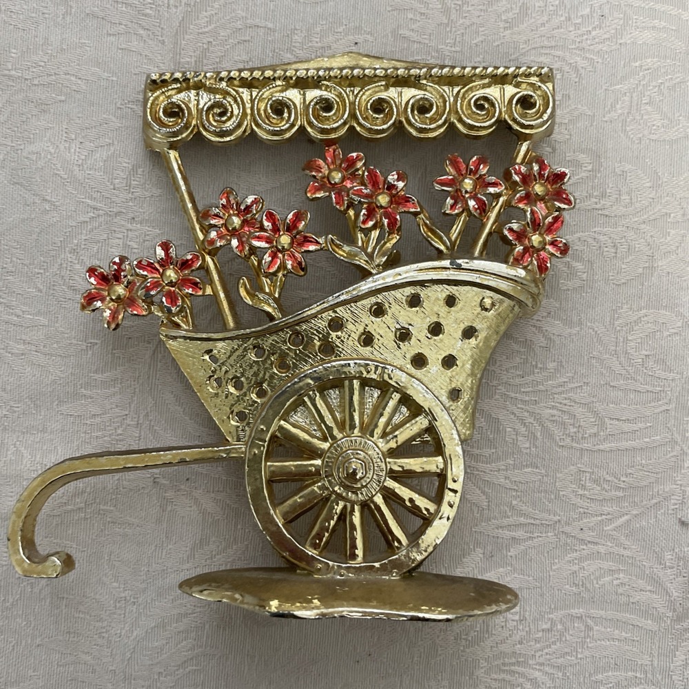 Revere VTG Metal‎ Earring Tree Holder Gold Colored Flower Cart Pink Daisies
